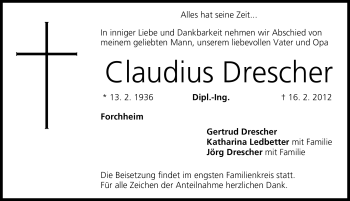 Traueranzeige von Claudius Drescher von Nordbayerische Nachrichten Forchheim Lokal