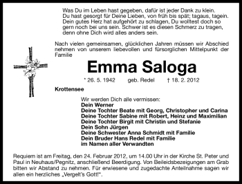 Traueranzeige von Emma Saloga von Nordbayerische Nachrichten Pegnitz Lokal