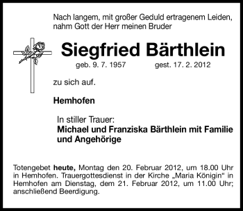 Traueranzeige von Siegfried Bärthlein von Nordbayerische Nachrichten Herzogenaurach Lokal