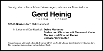 Traueranzeige von Gerd Heinig von Fürther Nachrichten Lokal