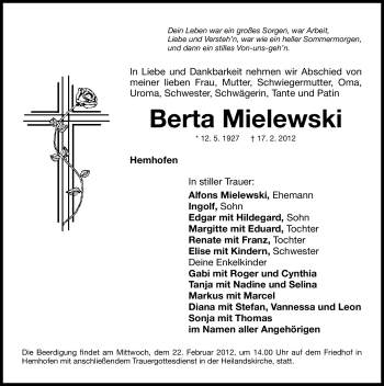 Traueranzeige von Berta Mielewski von Nordbayerische Nachrichten Herzogenaurach Lokal