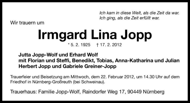  Traueranzeige für Irmgard Lina Jopp vom 20.02.2012 aus Gesamtausgabe Nürnberger Nachrichten / Nürnberger Zeitung