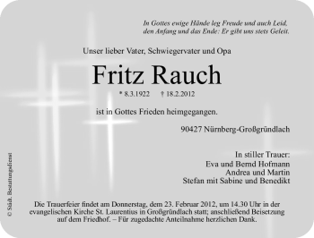 Traueranzeige von Fritz Rauch von Gesamtausgabe Nürnberger Nachrichten / Nürnberger Zeitung