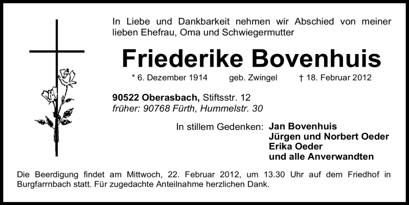  Traueranzeige für Friederike Bovenhuis vom 20.02.2012 aus Fürther Nachrichten Lokal