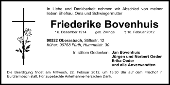 Traueranzeige von Friederike Bovenhuis von Fürther Nachrichten Lokal