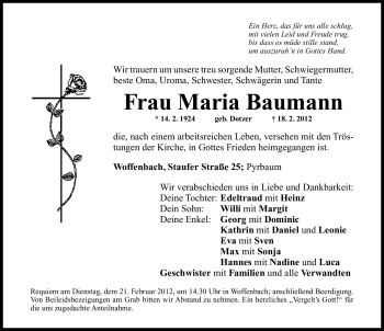 Traueranzeige von Maria Baumann von Neumarkter Nachrichten Lokal