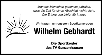 Traueranzeige von Wilhelm Gebhardt von Altmühl-Bote Lokal