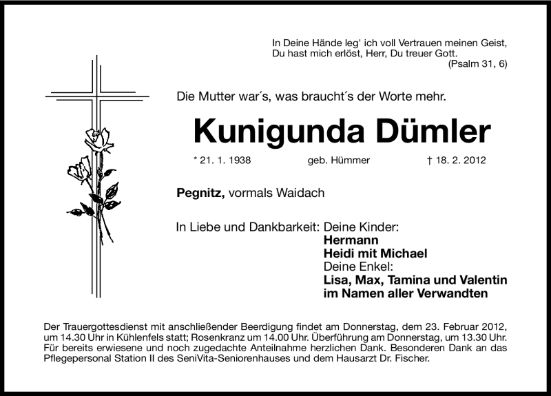  Traueranzeige für Kunigunda Dümler vom 21.02.2012 aus Nordbayerische Nachrichten Pegnitz Lokal