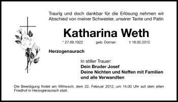 Traueranzeige von Katharina Weth von Nordbayerische Nachrichten Herzogenaurach Lokal