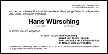 Traueranzeige von Hans Würsching von Gesamtausgabe Nürnberger Nachrichten / Nürnberger Zeitung