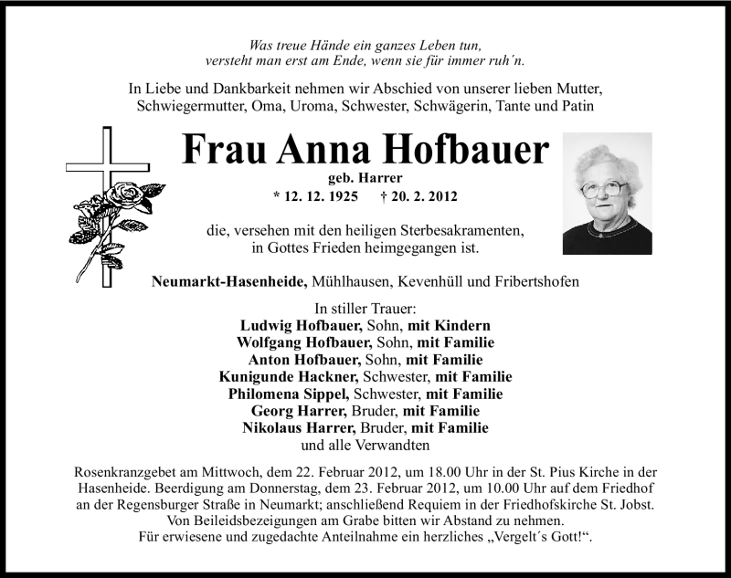  Traueranzeige für Anna Hofbauer vom 21.02.2012 aus Neumarkter Nachrichten Lokal