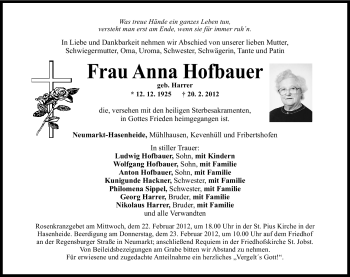 Traueranzeige von Anna Hofbauer von Neumarkter Nachrichten Lokal