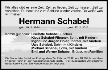 Traueranzeige von Hermann Schabel von Gesamtausgabe Nürnberger Nachrichten / Nürnberger Zeitung
