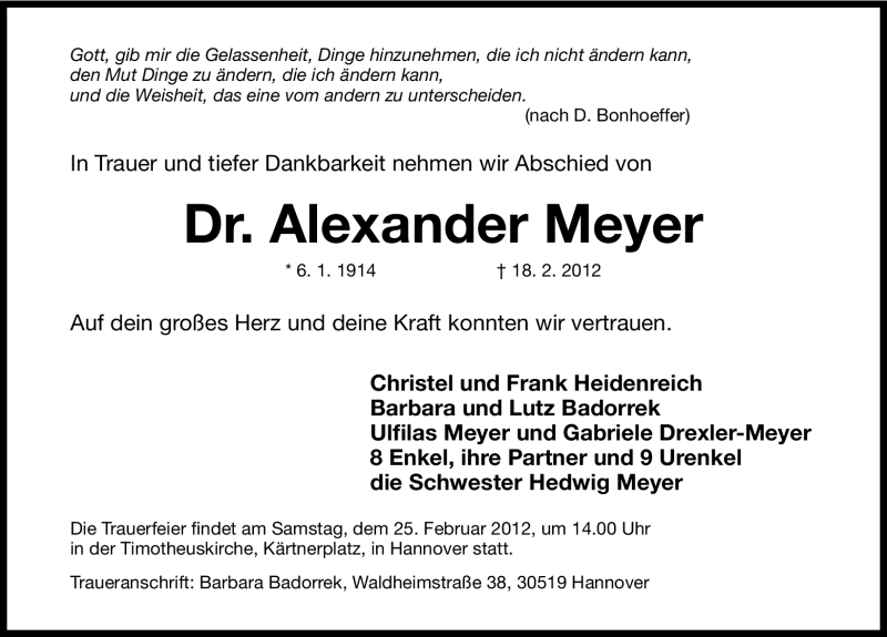  Traueranzeige für Alexander Meyer vom 22.02.2012 aus Gesamtausgabe Nürnberger Nachrichten / Nürnberger Zeitung