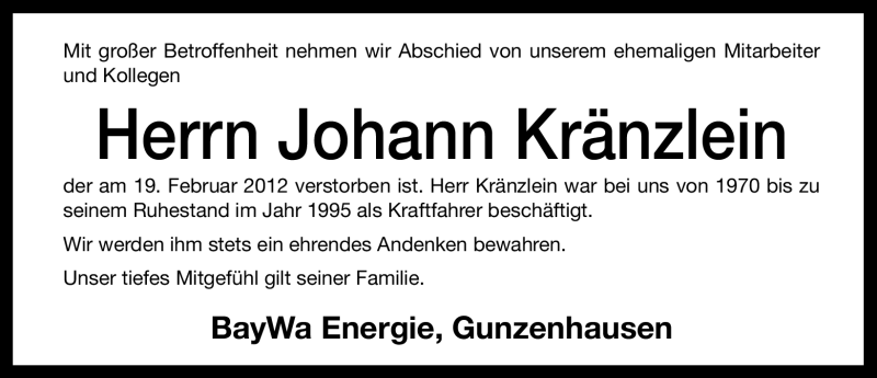  Traueranzeige für Johann Kränzlein vom 22.02.2012 aus Altmühl-Bote Lokal