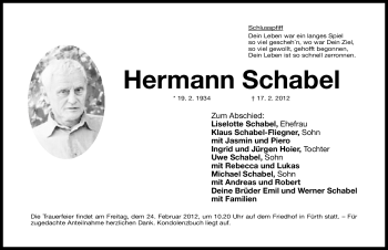 Traueranzeige von Hermann Schabel von Fürther Nachrichten Lokal