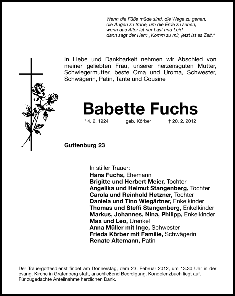  Traueranzeige für Babette Fuchs vom 22.02.2012 aus Nordbayerische Nachrichten Forchheim Lokal