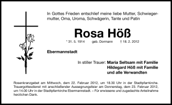 Traueranzeige von Rosa Höss von Nordbayerische Nachrichten Forchheim Lokal