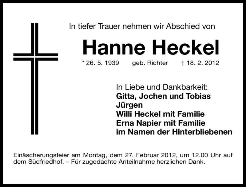  Traueranzeige für Hanne Heckel vom 22.02.2012 aus Gesamtausgabe Nürnberger Nachrichten / Nürnberger Zeitung