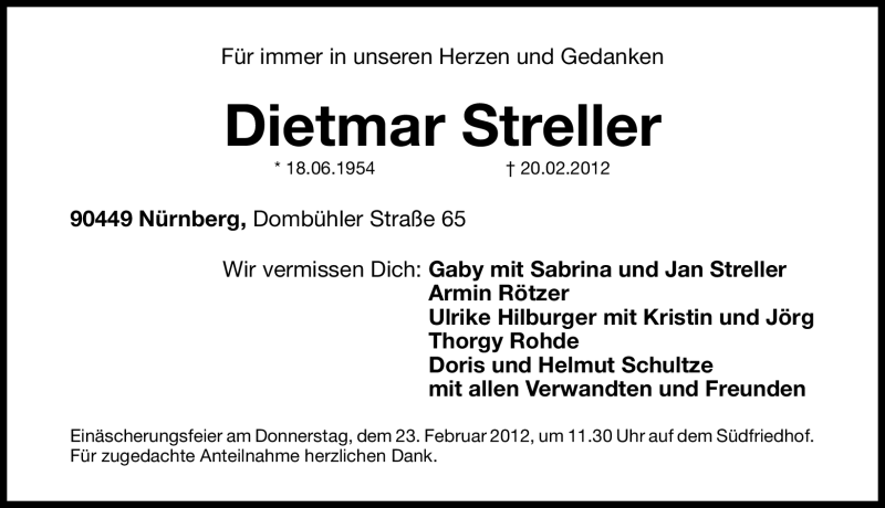  Traueranzeige für Dietmar Streller vom 22.02.2012 aus Gesamtausgabe Nürnberger Nachrichten / Nürnberger Zeitung