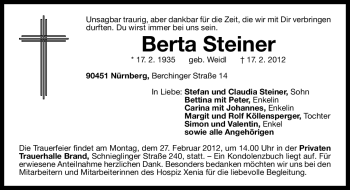 Traueranzeige von Berta Steiner von Gesamtausgabe Nürnberger Nachrichten / Nürnberger Zeitung