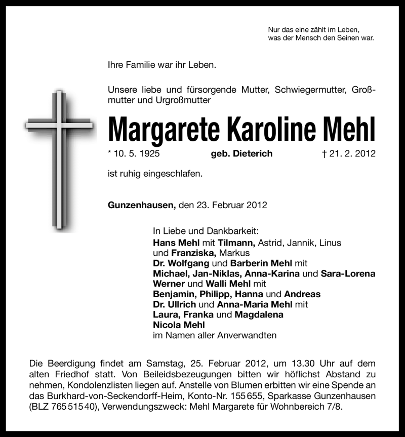  Traueranzeige für Margarete Karoline Mehl vom 23.02.2012 aus Altmühl-Bote Lokal
