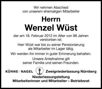Traueranzeige von Wenzel Wüst von Gesamtausgabe Nürnberger Nachrichten / Nürnberger Zeitung