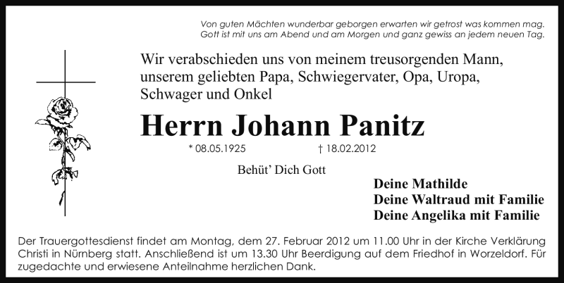  Traueranzeige für Johann Panitz vom 24.02.2012 aus Gesamtausgabe Nürnberger Nachrichten / Nürnberger Zeitung