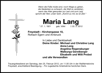 Traueranzeige von Maria Lang von Neumarkter Nachrichten Lokal