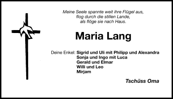 Traueranzeige von Maria Lang von Neumarkter Nachrichten Lokal