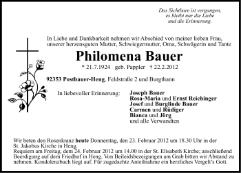 Traueranzeige von Philomena Bauer von Neumarkter Nachrichten Lokal