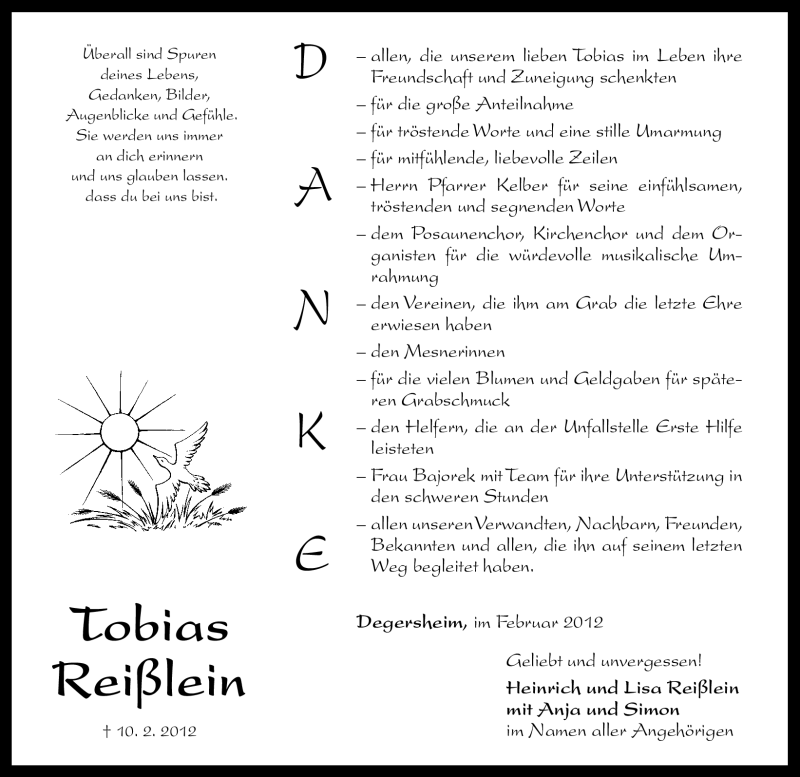  Traueranzeige für Tobias Reißlein vom 25.02.2012 aus Altmühl-Bote Lokal