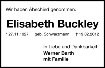 Traueranzeige von Elisabeth Buckley von Gesamtausgabe Nürnberger Nachrichten / Nürnberger Zeitung