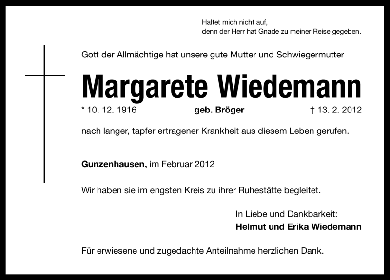  Traueranzeige für Margarete Wiedemann vom 25.02.2012 aus Altmühl-Bote Lokal