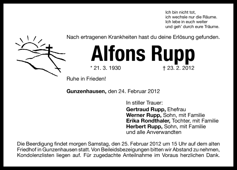  Traueranzeige für Alfons Rupp vom 24.02.2012 aus Altmühl-Bote Lokal
