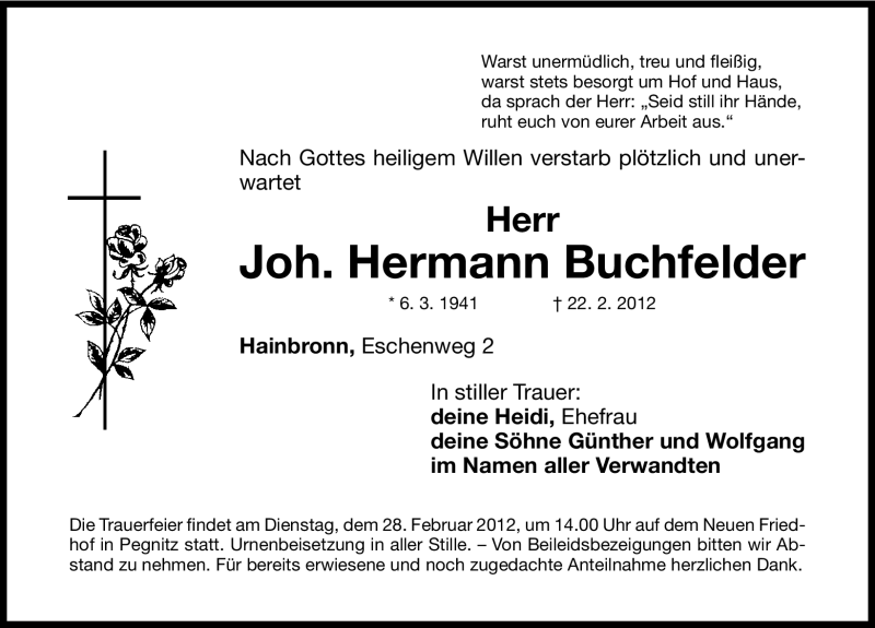  Traueranzeige für Hermann Buchfelder vom 24.02.2012 aus Nordbayerische Nachrichten Pegnitz Lokal