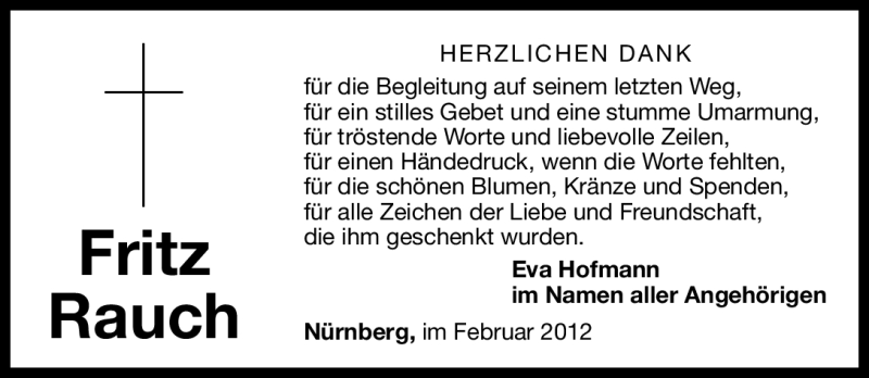  Traueranzeige für Fritz Rauch vom 25.02.2012 aus Gesamtausgabe Nürnberger Nachrichten / Nürnberger Zeitung