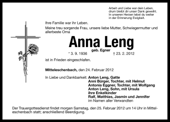 Traueranzeige von Anna Leng von Altmühl-Bote Lokal
