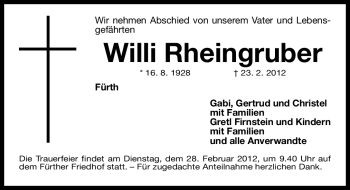 Traueranzeige von Willi Rheingruber von Fürther Nachrichten Lokal