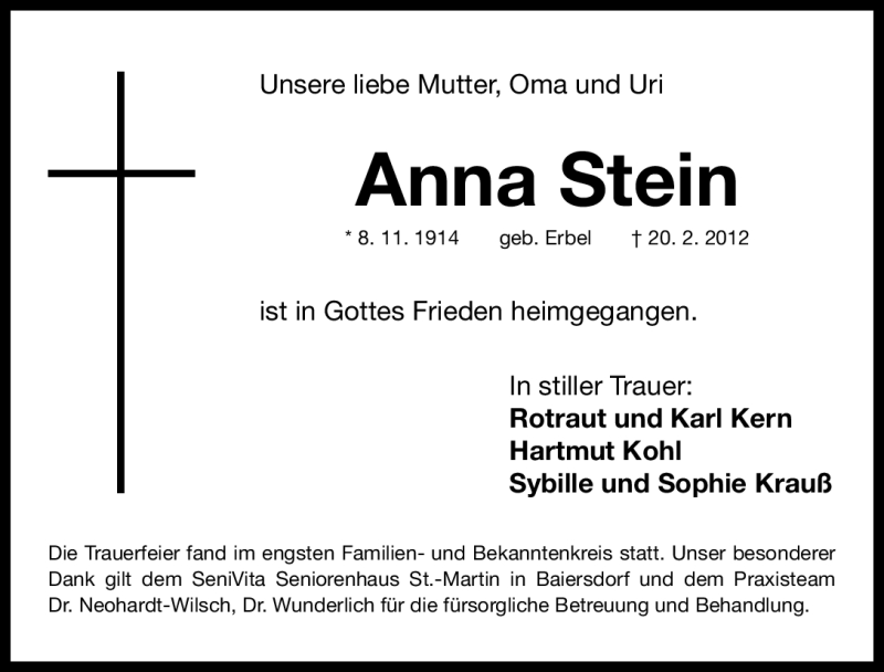  Traueranzeige für Anna Stein vom 25.02.2012 aus Erlanger Nachrichten Lokal