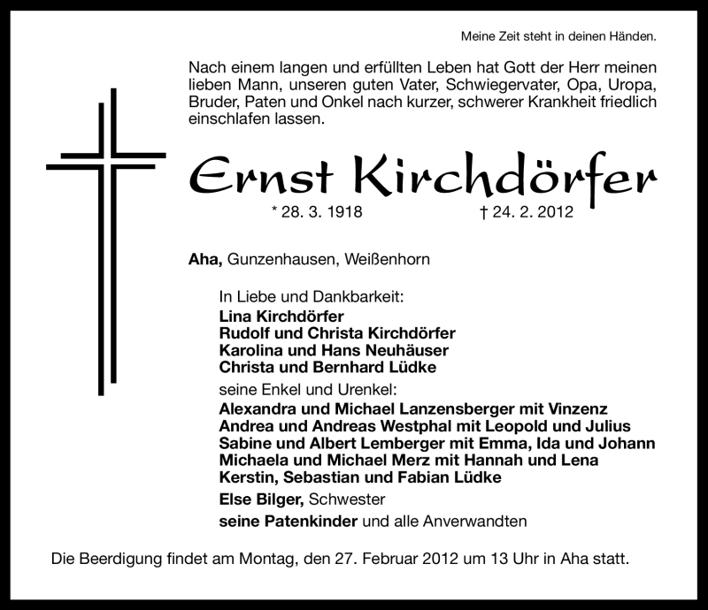  Traueranzeige für Ernst Kirchdörfer vom 25.02.2012 aus Altmühl-Bote Lokal