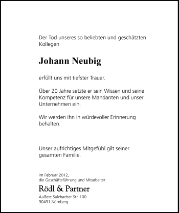 Traueranzeige von Johann Neubig von Gesamtausgabe Nürnberger Nachrichten / Nürnberger Zeitung