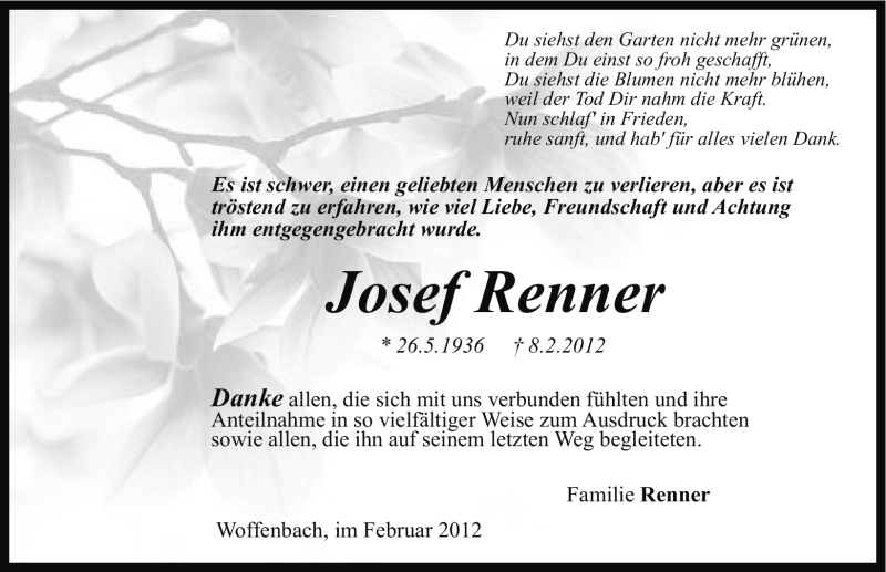  Traueranzeige für Josef Renner vom 25.02.2012 aus Neumarkter Nachrichten Lokal