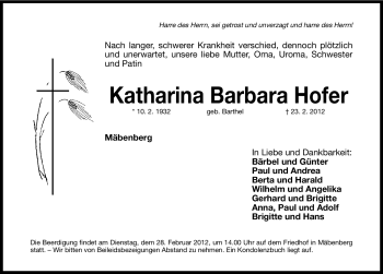 Traueranzeige von Katharina Barbara Hofer von Roth-Hilpoltsteiner Volkszeitung Lokal