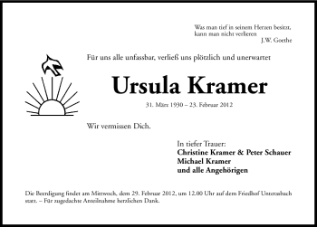 Traueranzeige von Ursula Kramer von Gesamtausgabe Nürnberger Nachrichten / Nürnberger Zeitung