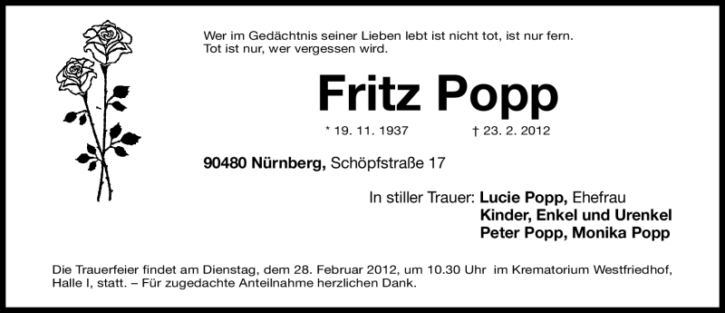  Traueranzeige für Fritz Popp vom 25.02.2012 aus Gesamtausgabe Nürnberger Nachrichten / Nürnberger Zeitung