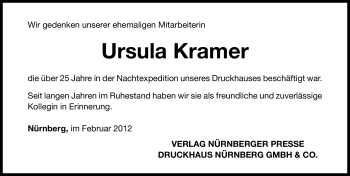 Traueranzeige von Ursula Kramer von Gesamtausgabe Nürnberger Nachrichten / Nürnberger Zeitung