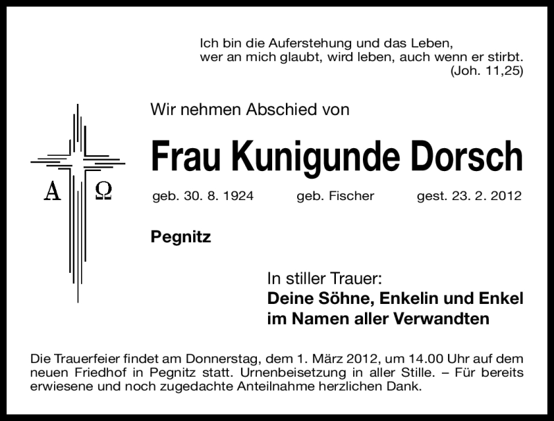  Traueranzeige für Kunigunde Dorsch vom 25.02.2012 aus Nordbayerische Nachrichten Pegnitz Lokal