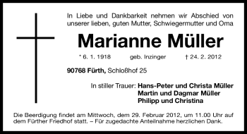 Traueranzeige von Marianne Müller von Fürther Nachrichten Lokal