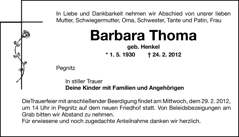  Traueranzeige für Barbara Thoma vom 27.02.2012 aus Nordbayerische Nachrichten Pegnitz Lokal